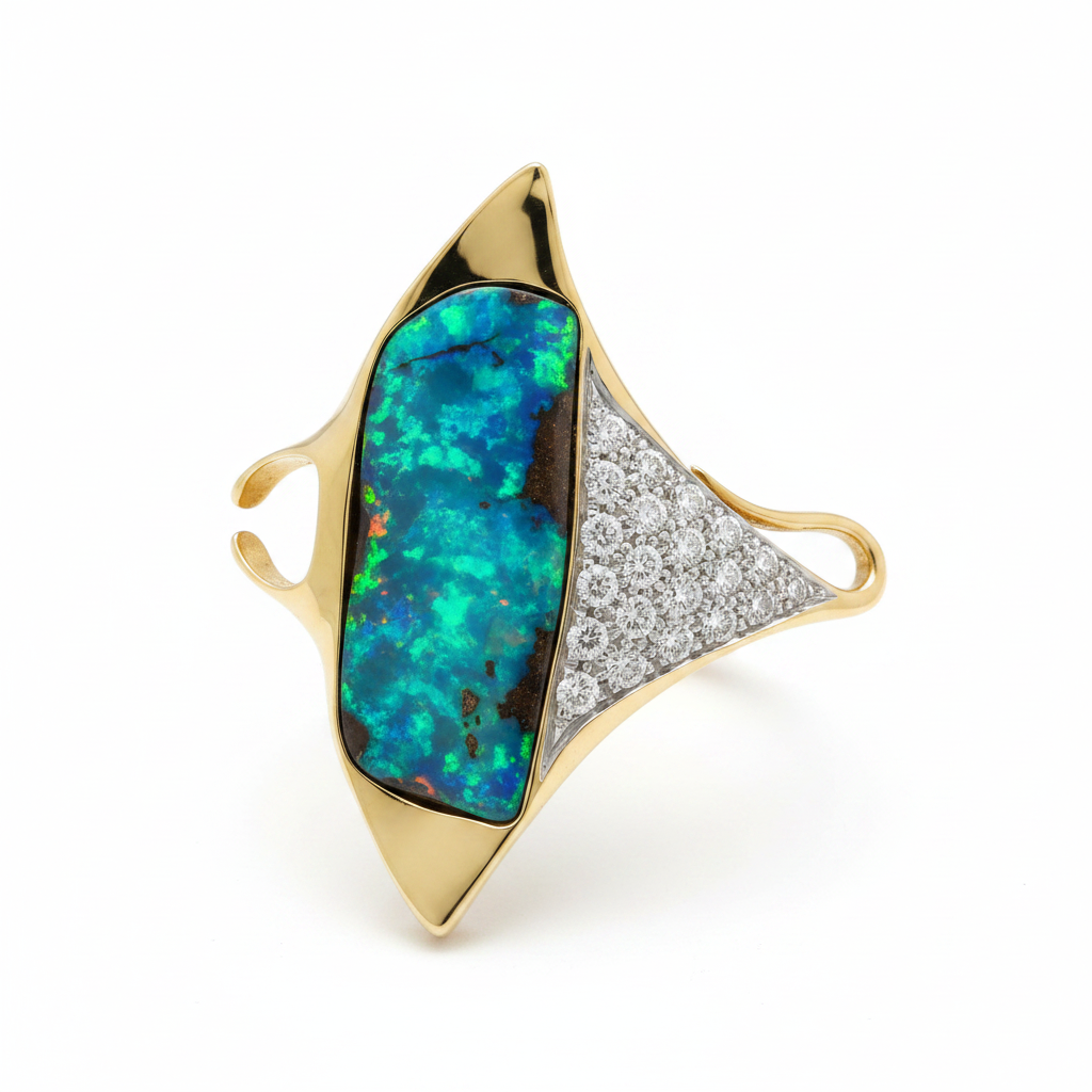 Anello boulder opal australiano e diamanti su sfondo bianco