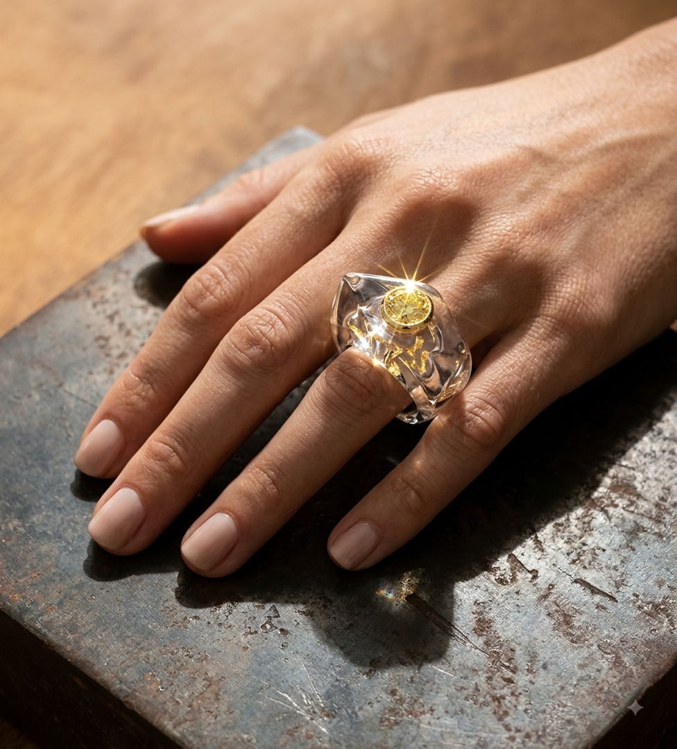 Anello Vintage Resina Trasparente & Swarovski Giallo Oro — Giampaolo Giardina